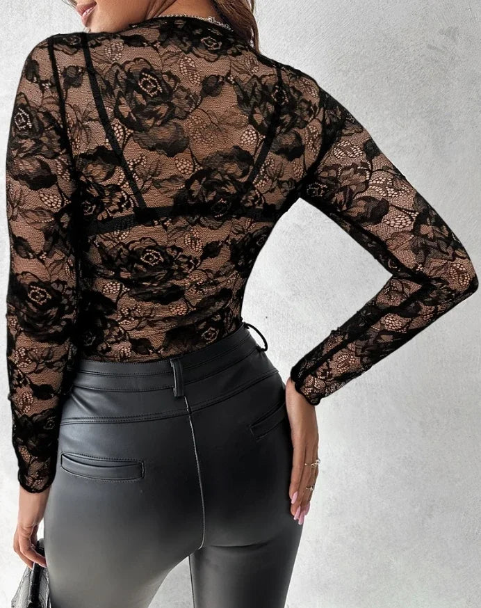 Fashion for Top Women Floral Print Contrast Lace Mock Neck T Shirt Y2k Sexy Casual Sheer Mesh Slim Fit Blouse New 2025 Spring