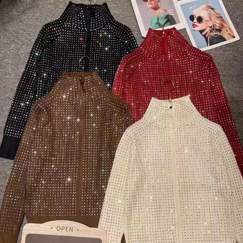 Luxury Style Sparkle Diamonds Autumn Winter 2025 Thick Knitted Cardigan Sweater Women's Long Sleeve Zipper Up Outwear Coat Top