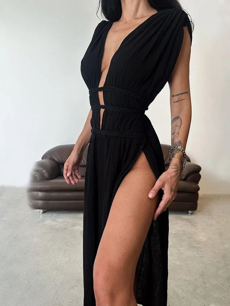 2025 Sexy Swimsuit Cover Up V Neck Back Open Beach Maxi Dress For Women Braided Belt Slit Long Tunic Vintage Party Dresses A2922