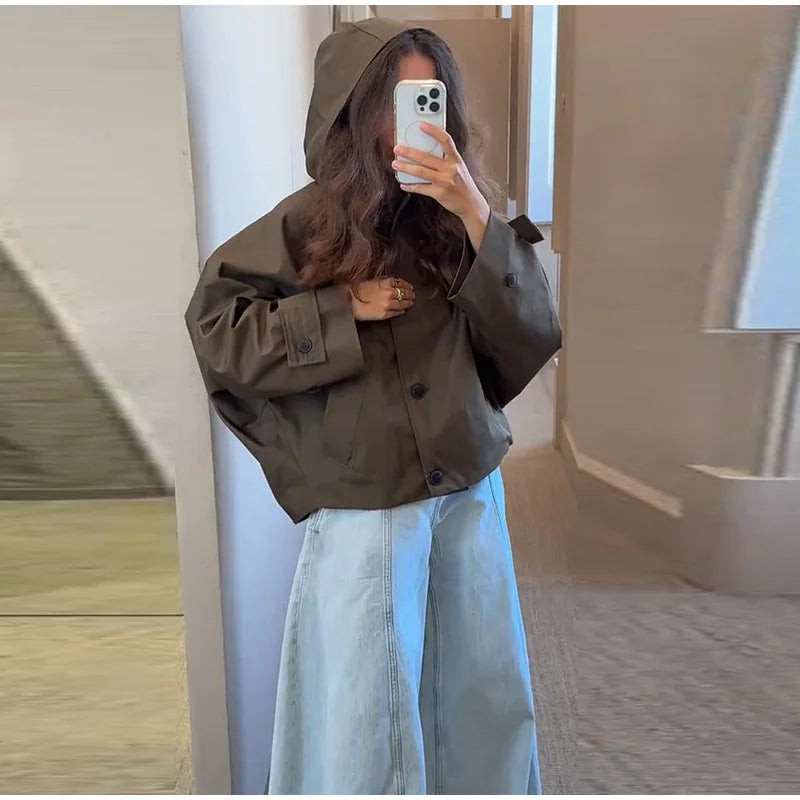 Vintage Single Breasted Women 's Treach Coats Loose Hooded Pockets Full Sleeve Short Jacket Female 2025 Autumn New Lady Outwears