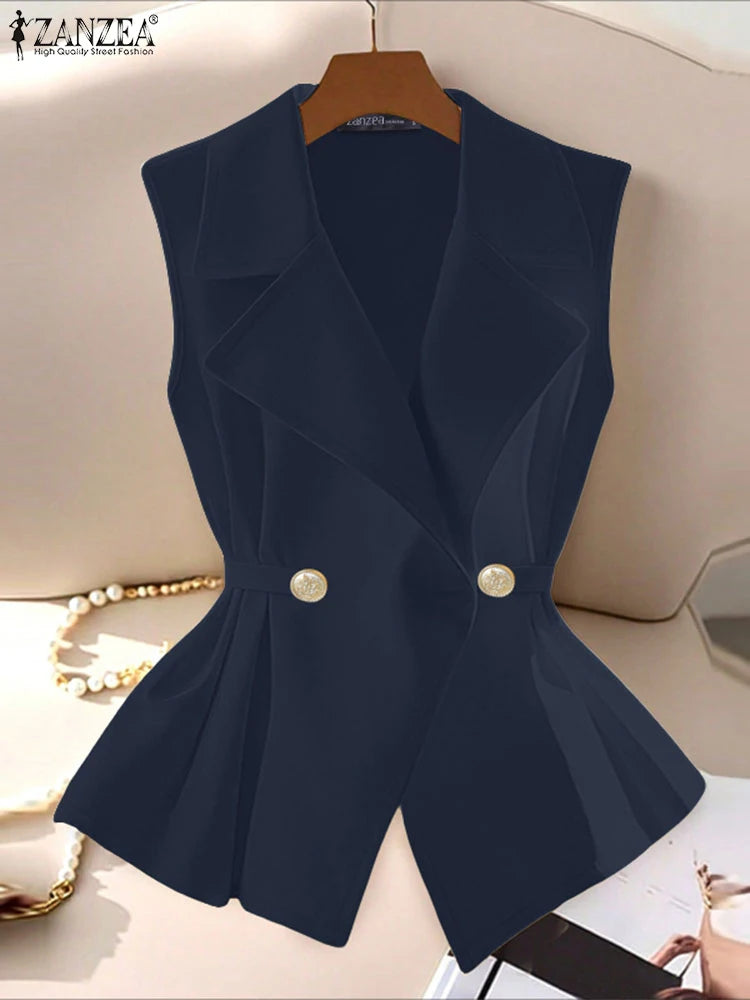 ZANZEA Elegant Women Sleeveless Blazer Fashion Lapel Neck Sashes Vest Tops 2025 Summer Lightweight Office Wear Commuting Tops