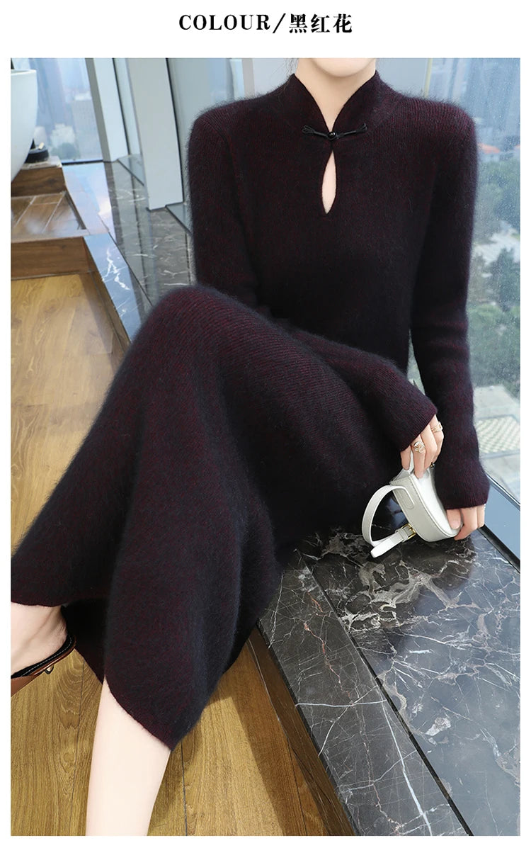 Cashmere Knit Dress with Stand Up Collar and Buckle for Women
