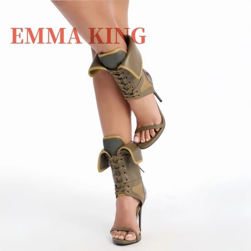 Green Fold-Over Lace-Up Open Toe Cutout Mesh Sandals for Women