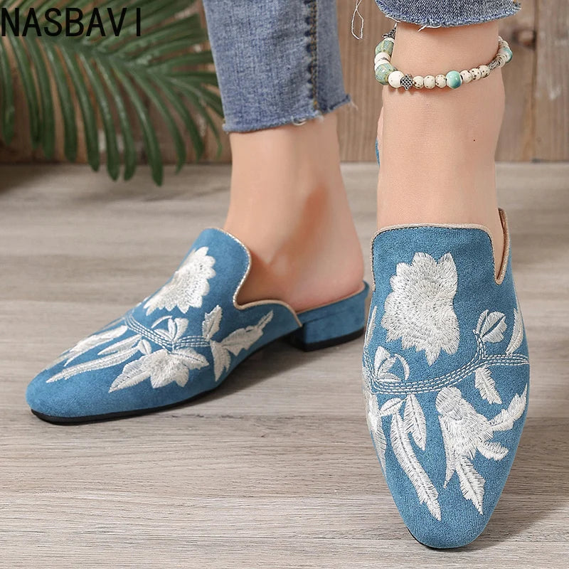 Chic Floral Velvet Embroidered Mules