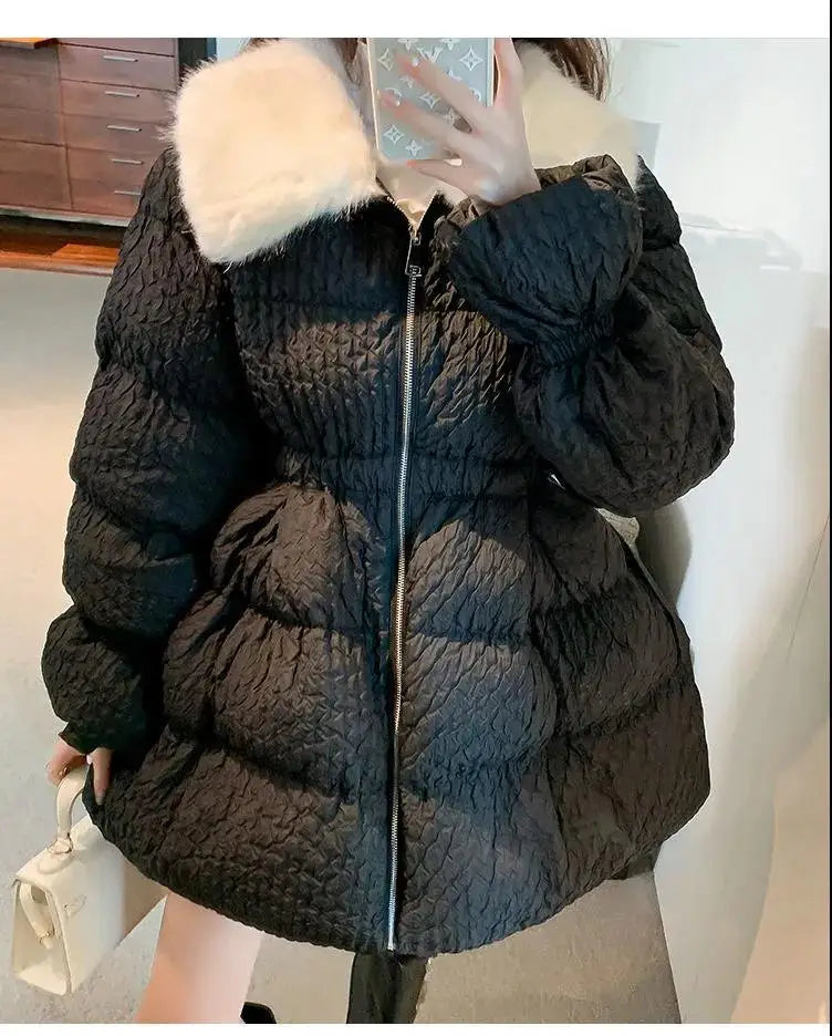 Women Cotton Padded Jacket Coat Female Winter Student Clothing Big Fur Collar Fashionable Medium To Long Parkas