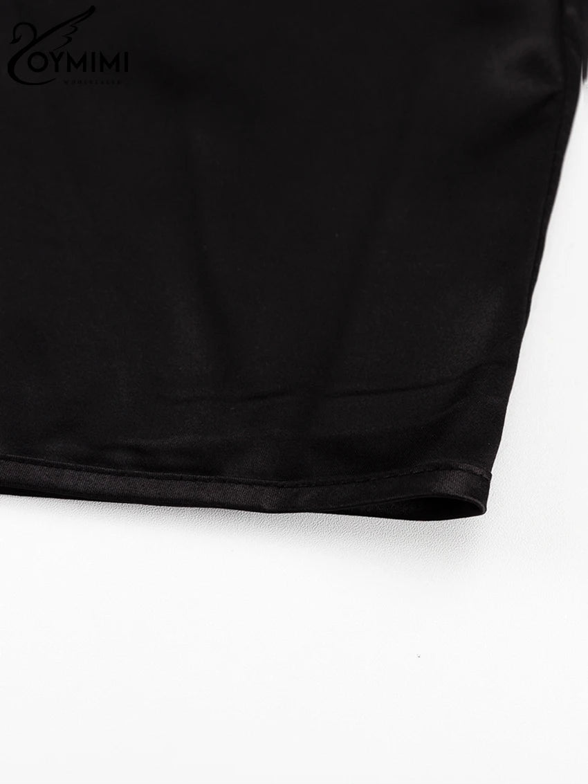 Oymimi Fashion Black Satin Patchwork 2 Piece Set Women Outfit Streetwear Long Sleeve Shirt With High Waist Pant Sets Y2k Clothes