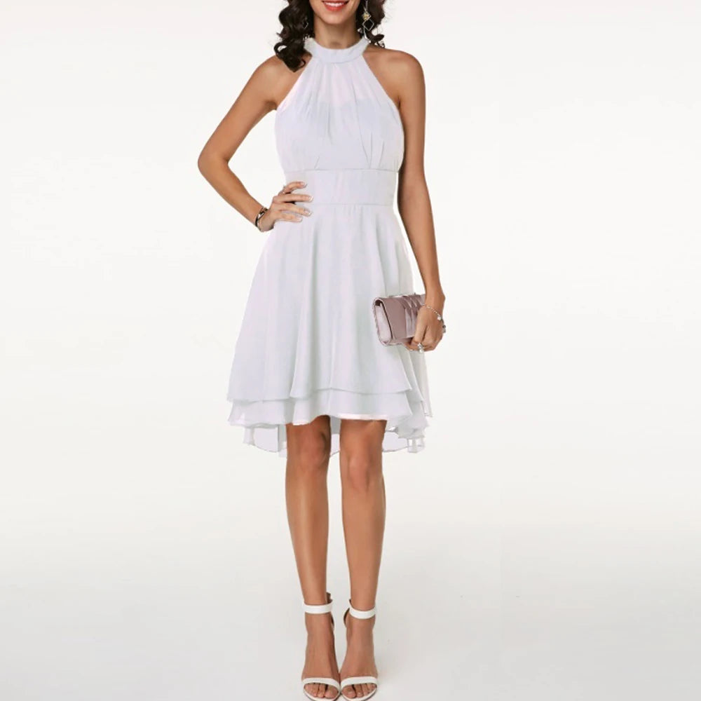 Elegant Sleeveless Halter Neck Chiffon Midi Dress for Women
