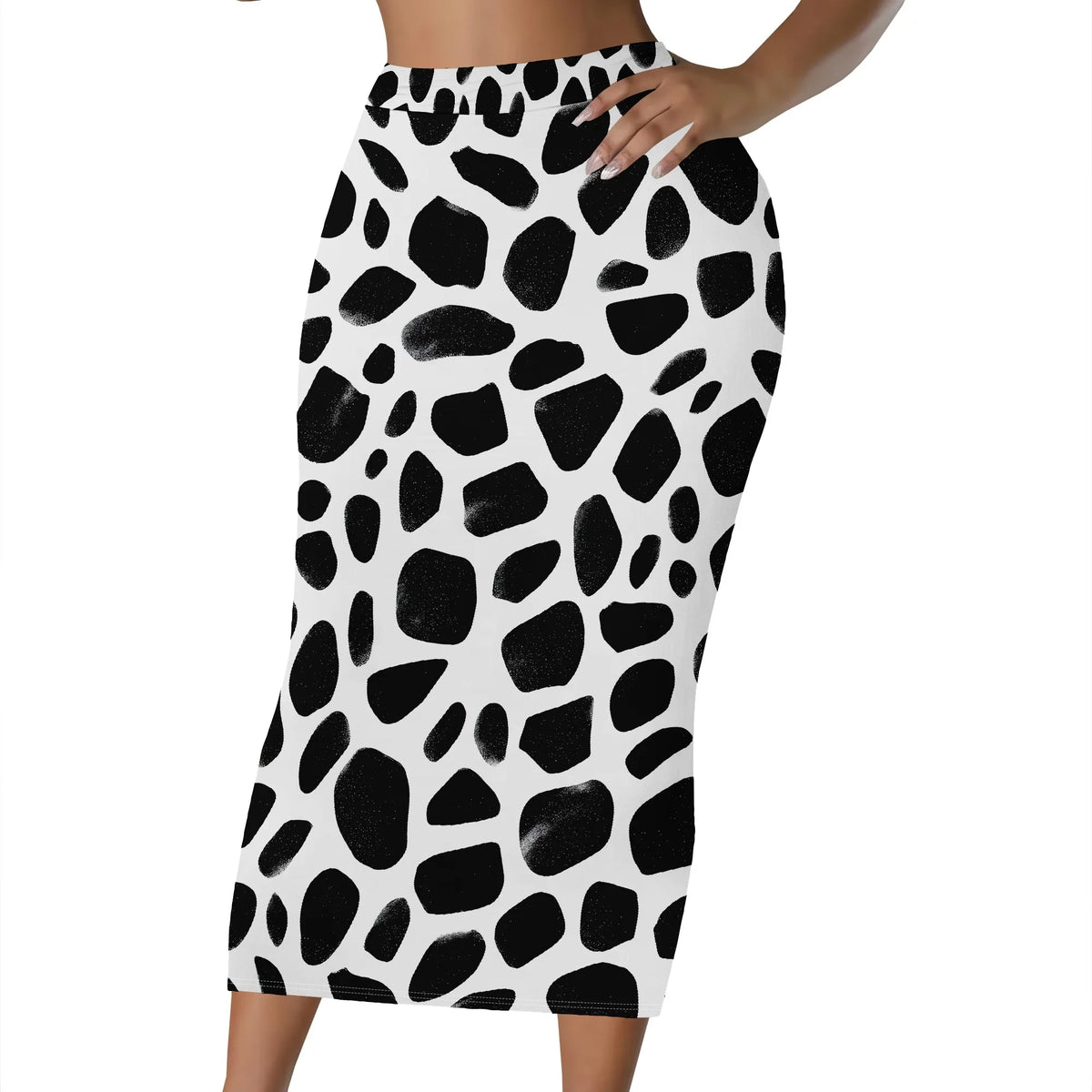 Black And White Abstract Print High Waist Midi Skirt for Women