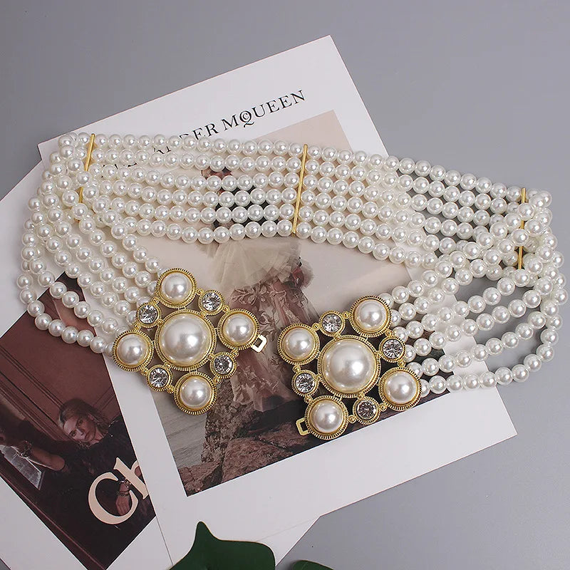 Pearl Embellished Elastic Waist Chain Belt for Women