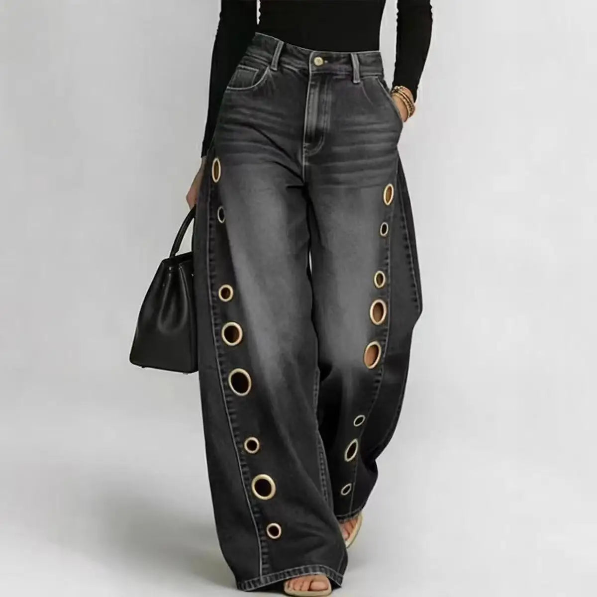Asymmetric Two Tone Polka Dot Wide Leg Jeans With Bow for Women