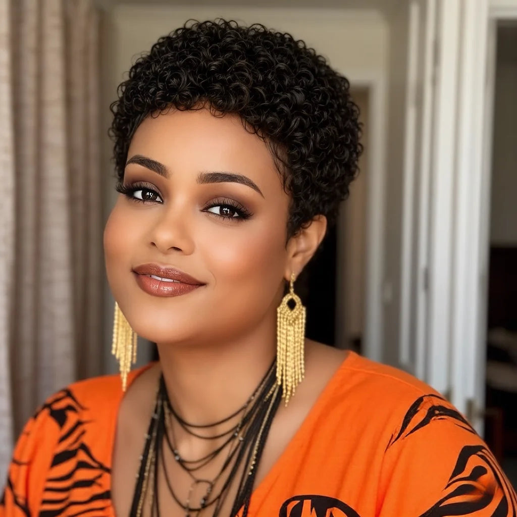 Natural Black Short Curly Human Hair Pixie Wig for Women