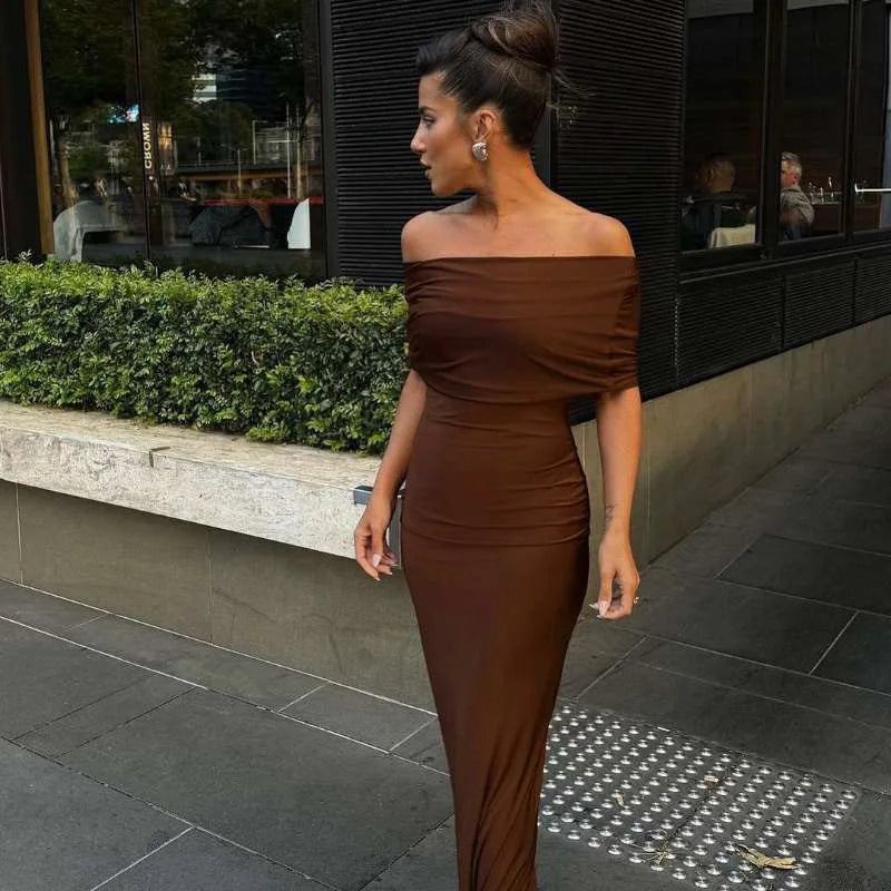 Cryptographic Ruched Elegant Off Shoulder Maxi Dress Club Party Outfits Women Back Split Sexy Backless Bodycon Dresses Vestido