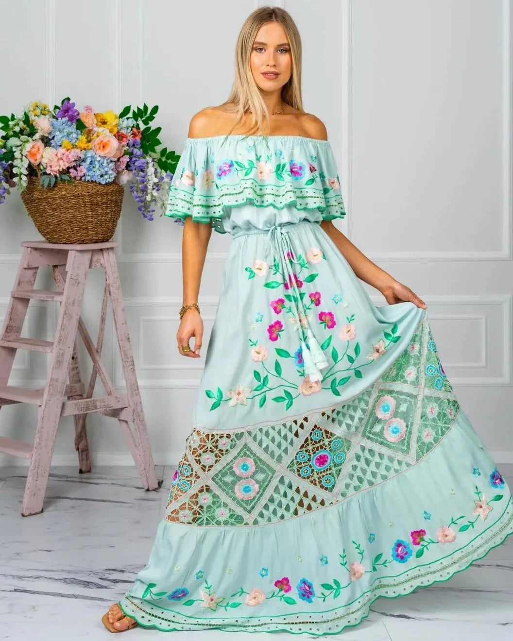 Floral Print Off Shoulder High Waist Dress for Women