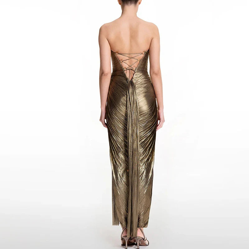 Elegant Pleated Off Shoulder High Waist Dress for Women