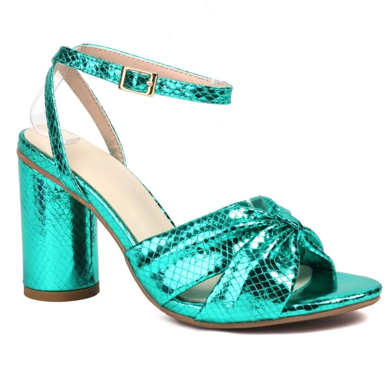 Metallic Block Heel Ankle Strap Sandals