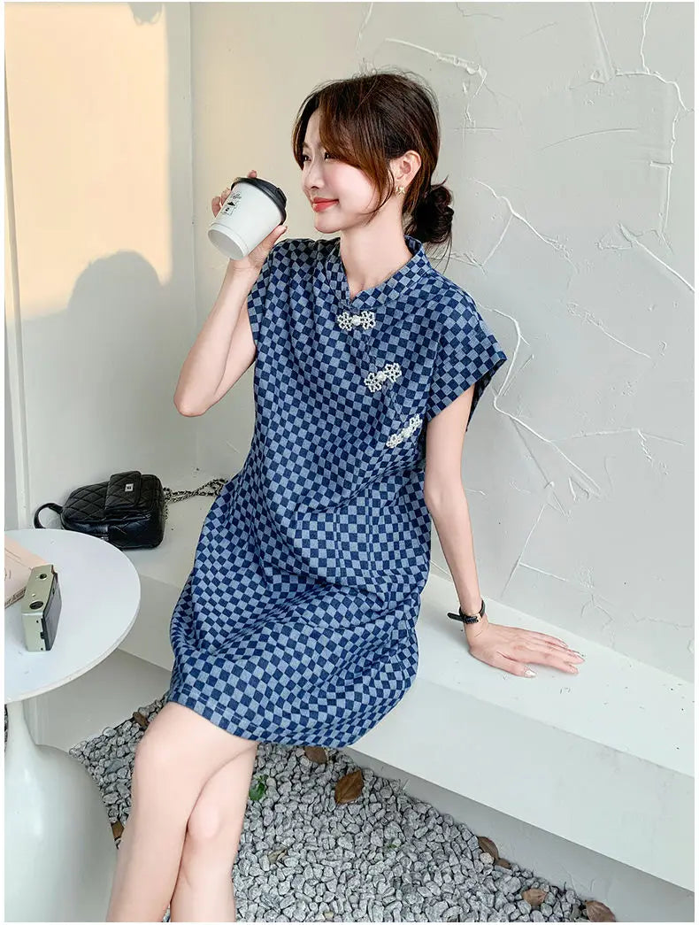 Checkered Ethnic Style Summer Lightweight A Line Dress for Women