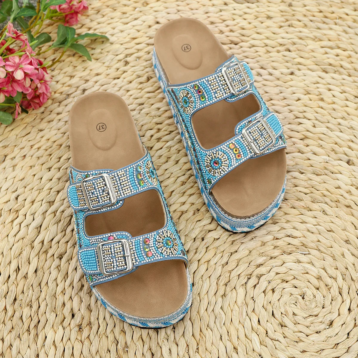 Bohemian Rhinestone Embroidered Platform Sandals For Women