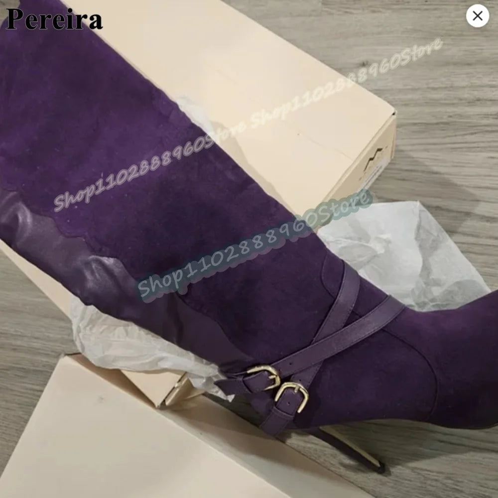 Splicing Knee High Purple Beveled Buckle Strap Boots Stilettos High Heel Shoes For Women Side Zipper Pointed Toe Stylish Boots