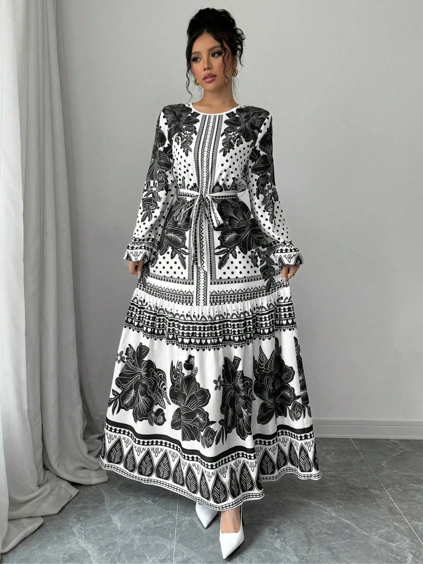 Women's Floral Print Belted Dress, Elegant Fashion Casual Long Sleeve Dress for Daily Outdoor Wear, Women Dress for Summer