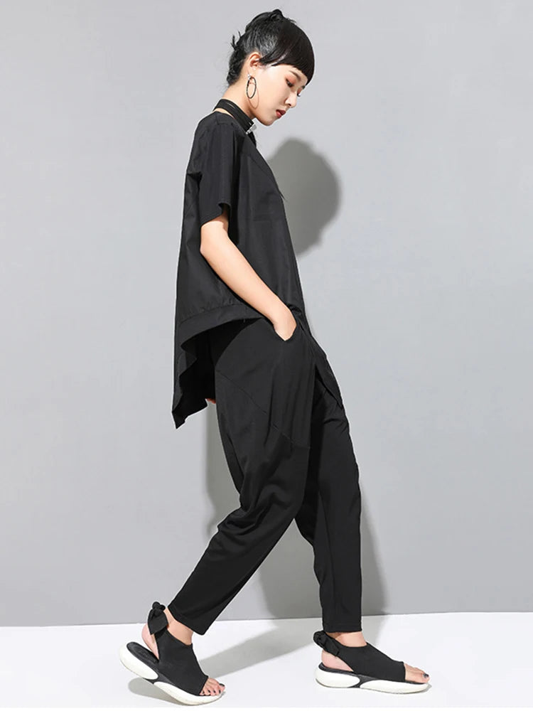 [EAM] Women Black Irregular Hem Spliced Big Size T-shirt New Round Neck Short Sleeve Fashion Tide Spring Summer 2025 1DJ1765