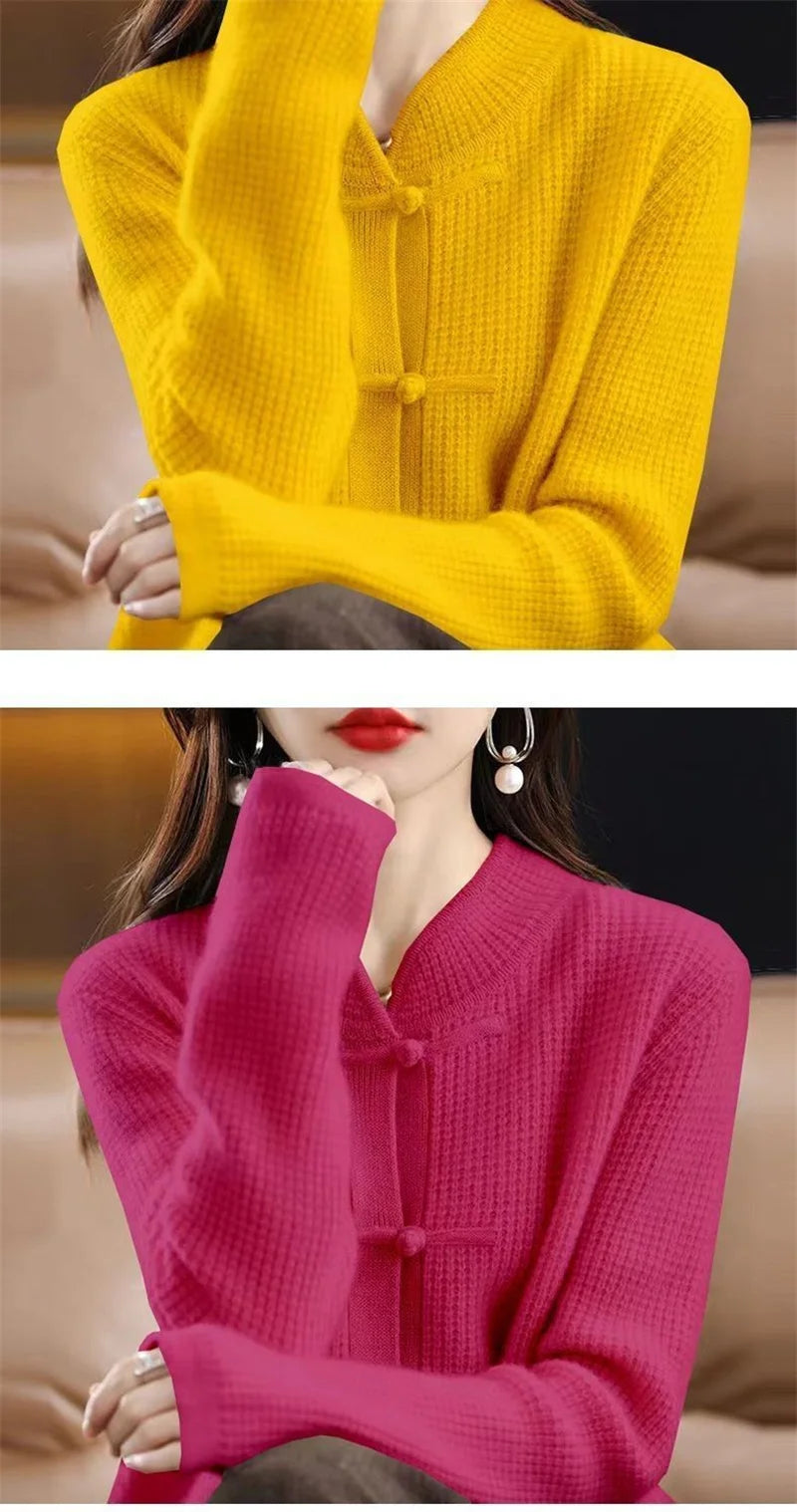Vintage Knitted Cardigan Women's Thickened Half High Collar frog Loose Slim Sweater Coat Chinese Style Top Autumn And Winter N
