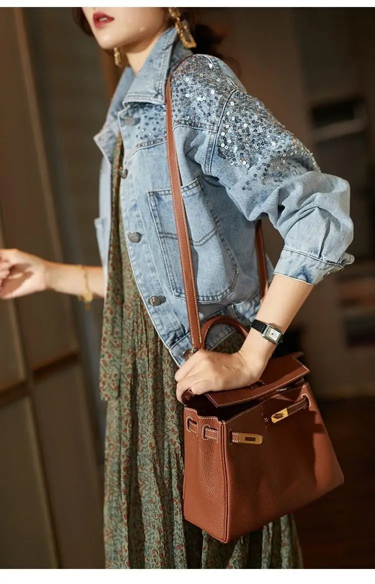 Sequin Embellished Short Denim Jacket for Women with Pockets