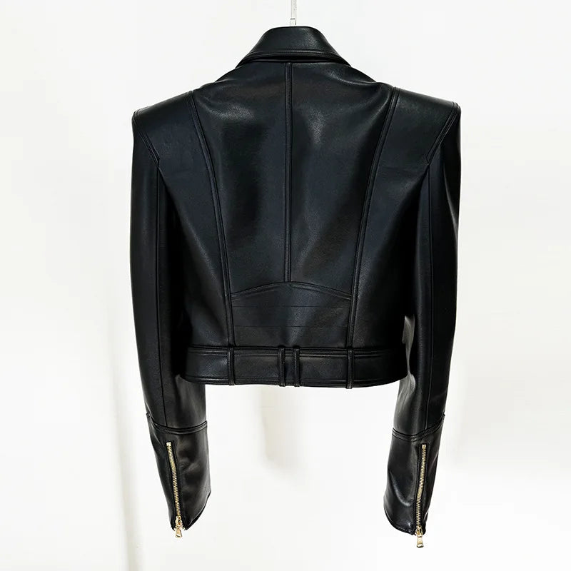 Double Breasted Faux Leather Motorcycle Jacket for Women