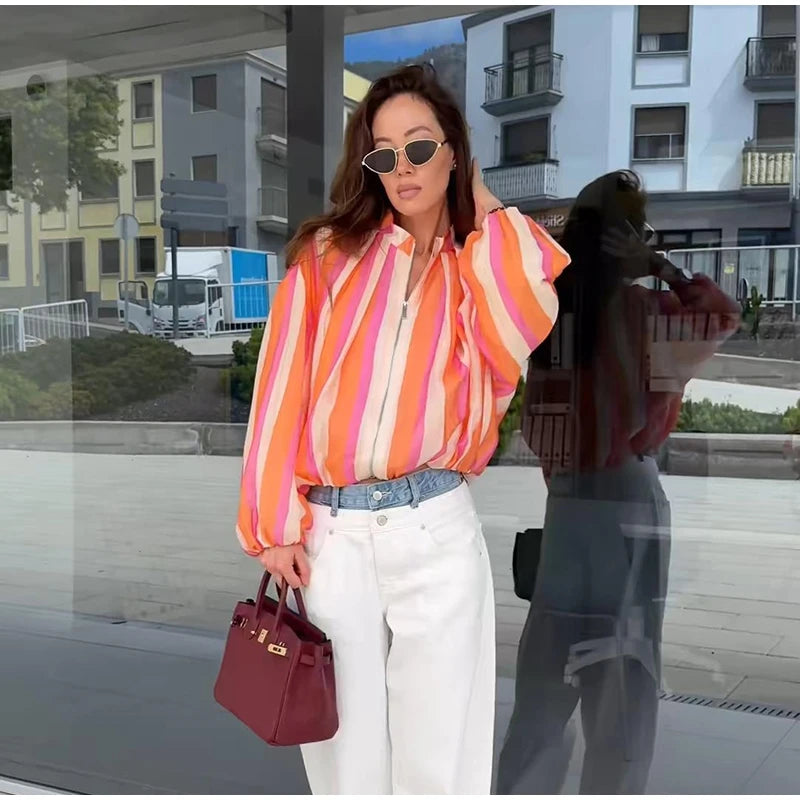 Elegant Striped with Stand Collar Jacket for Women