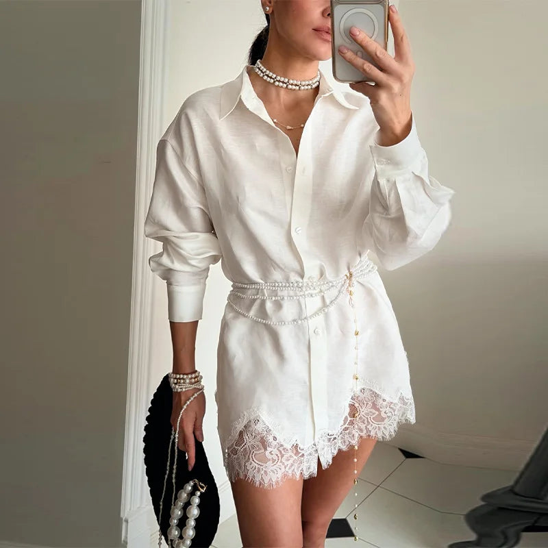 Casual Loose Fit Lace Patchwork Shorts Outfit For Women