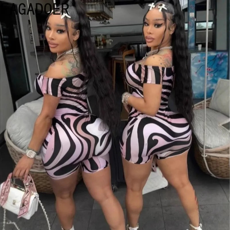 FAGADOER Sexy Stripe Print Bodycon Romper Women Off Showlder Backless One-piece Jumpsuits Hot Girl Streetwear Overalls 2025 New