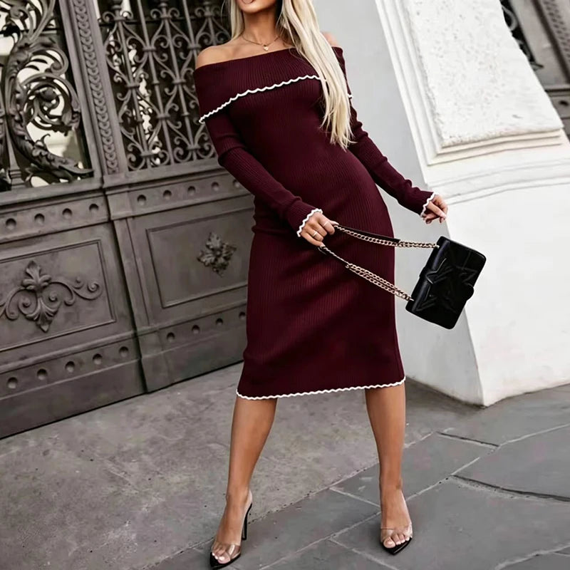 Off Shoulder Knit Midi Office Dress With Hollow Out Detail for Women
