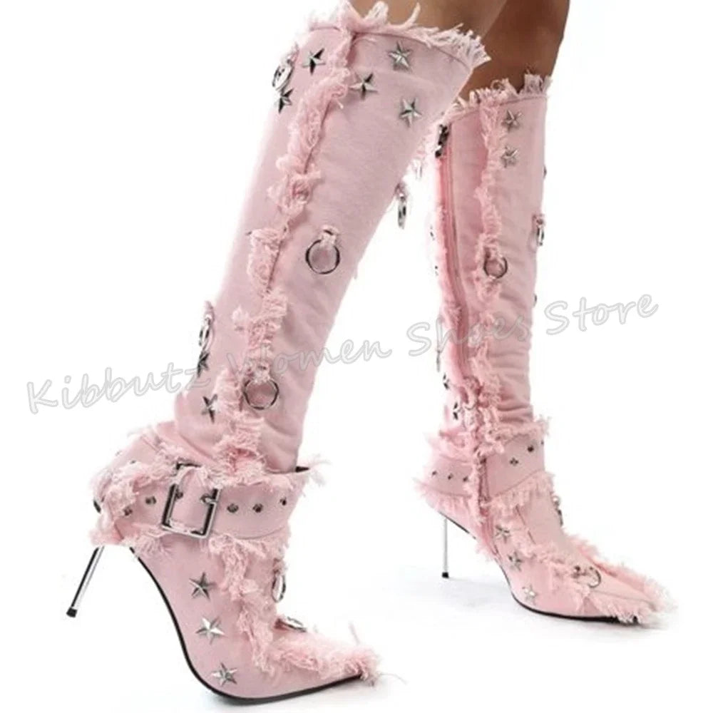 Fringe Belt Buckle Boots Knee High Stars Pointed Toe Thin Heels Solid Color Fashion Concise Novelty Sexy Party Women Shoes New