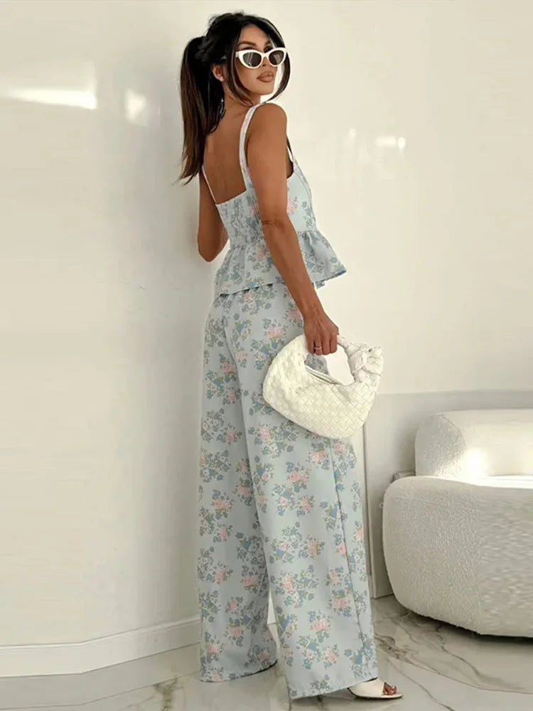 Urban Printed Vest and Wide Leg Pants Two Piece Set for Women