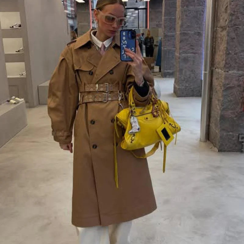Chic Punk Trench Coat For Women Full Sleeve Loose Hooded Crop Jacket Lapel Bat Sleeve Long Coats 2025 New Lady Y2k Fall Outwears