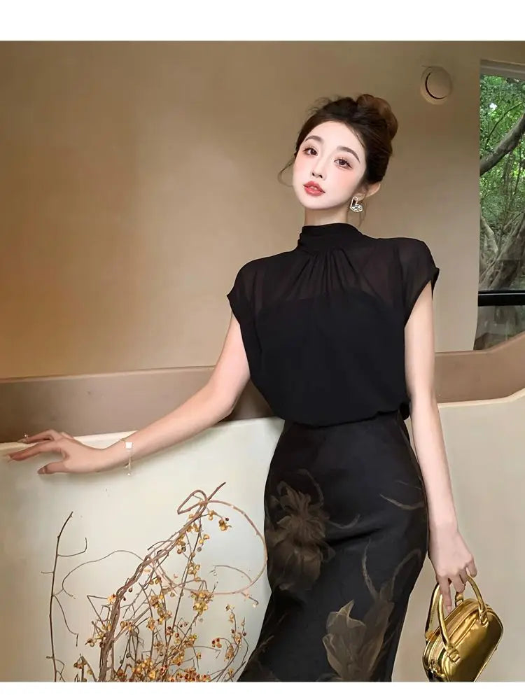 Chiffon Stand Collar Black Printed Three Piece Set for Women