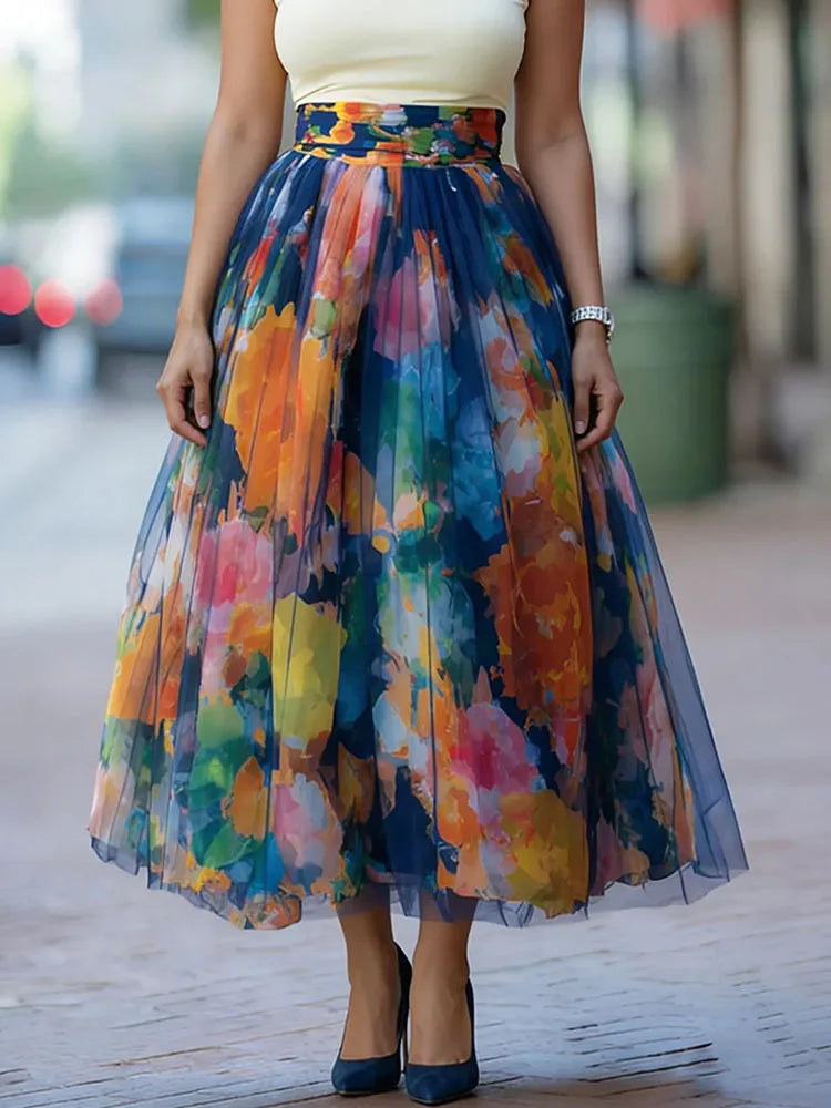 Elegant Patchwork Print Ankle Length Skirt for Women