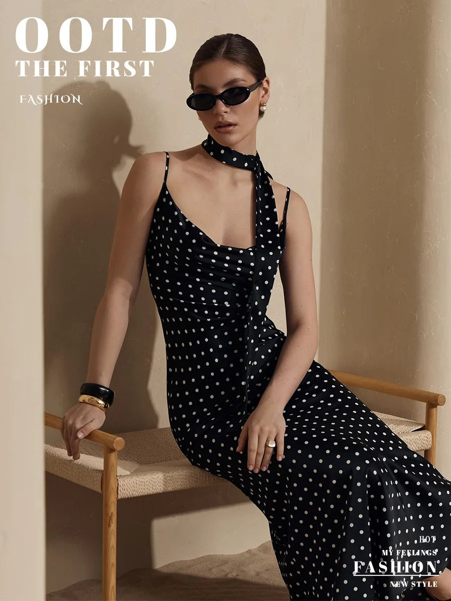 Summer Polka Dot Halter Tie Waist Maxi Dress for Women
