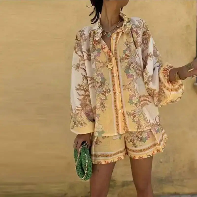 Casual Print Relaxed Fit Top and Shorts Set for Women