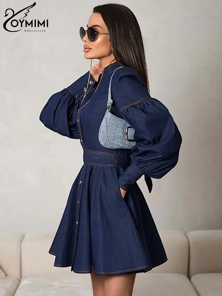 Oymimi Elegant Blue Denim Womens Dresses Fashion O-Neck Long Sleeve High Waisted Dresses Casual Button Mini Dress Streetwear