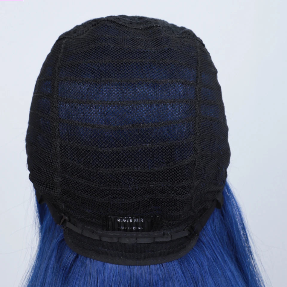 Blue Long Straight Human Hair Wig With Bangs for Women