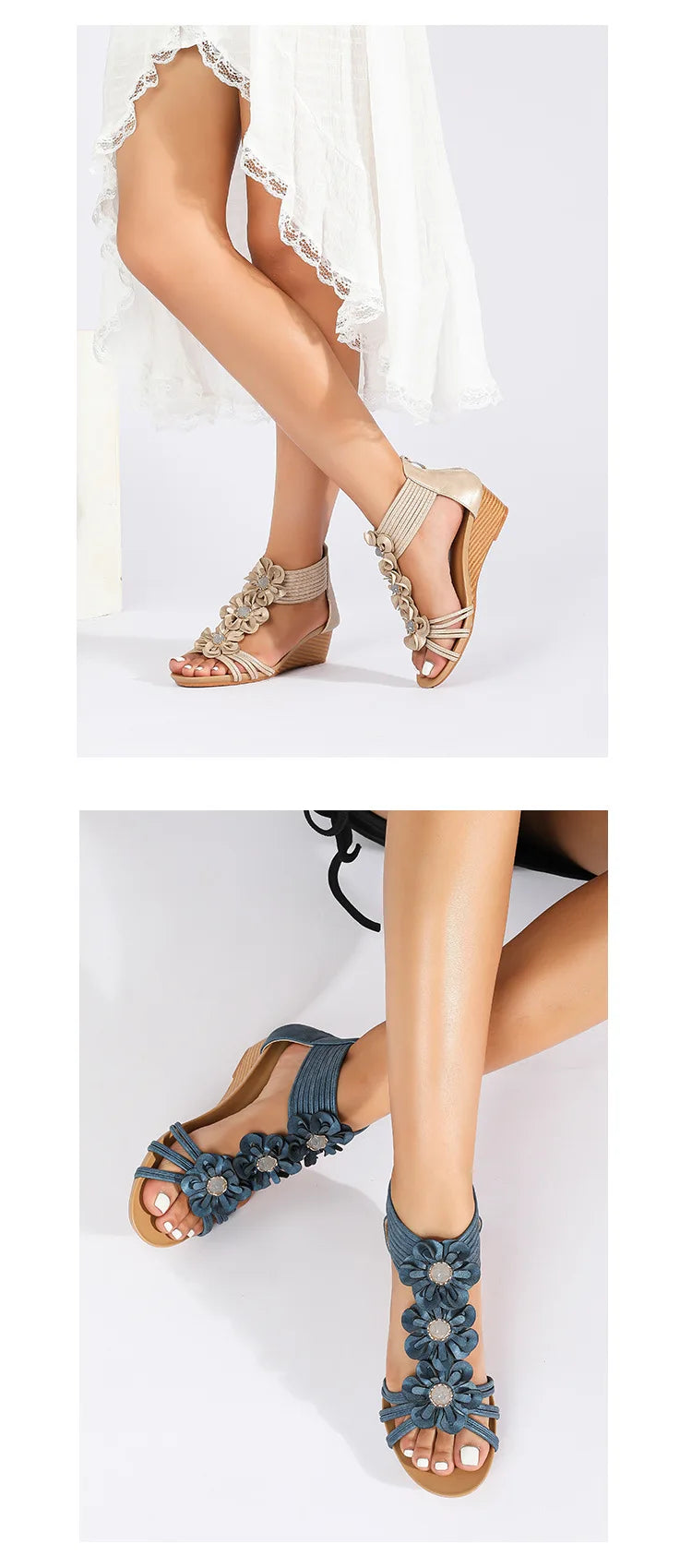 Bohemian Floral Vintage Leather Wedge Sandals for Women