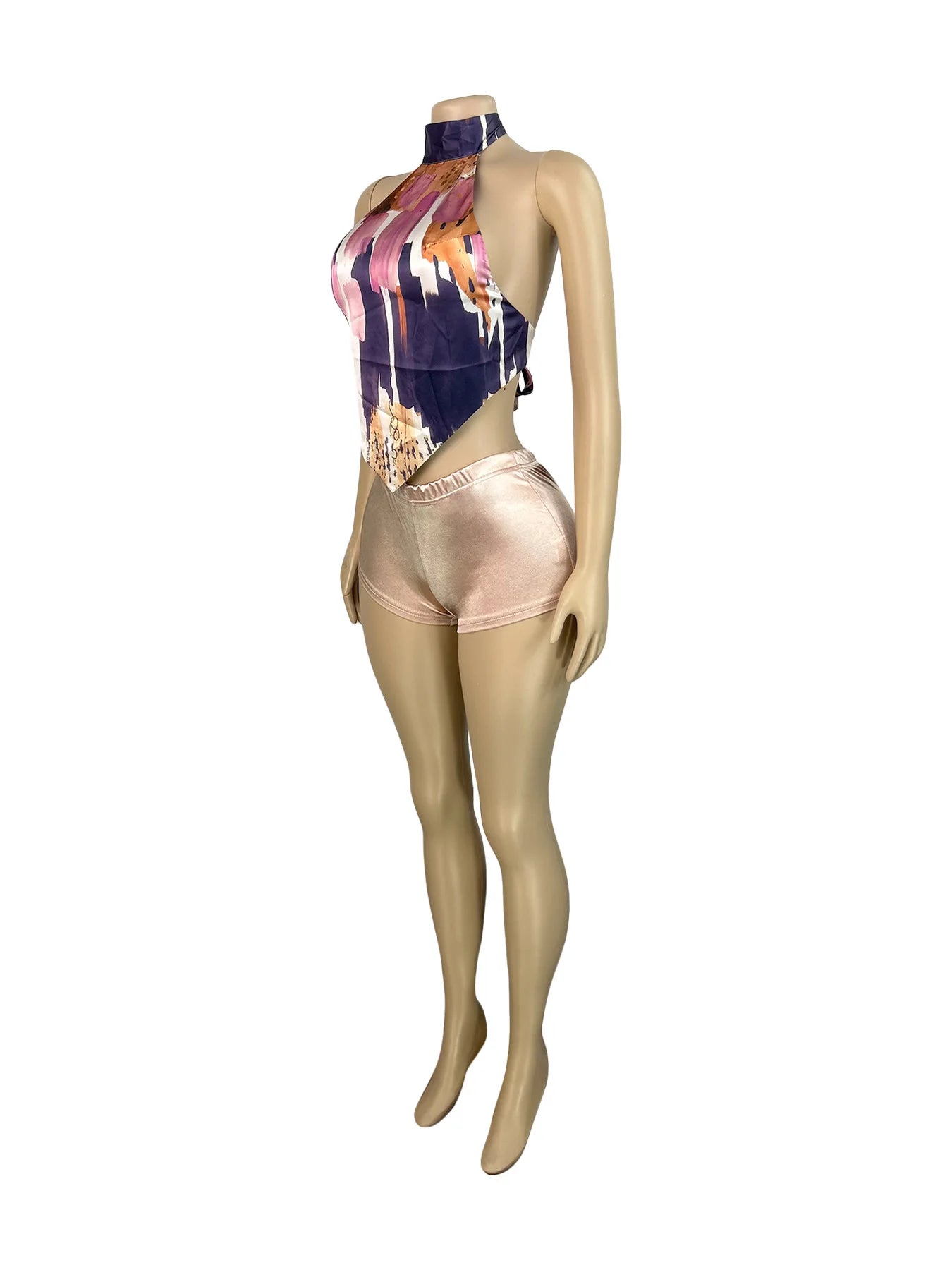 FAGADOER Summer New Sexy Printting 2 Pieces Set for Woman Halter Sleeveless Backless Crop Top and Shorts Female Y2K Streetwear