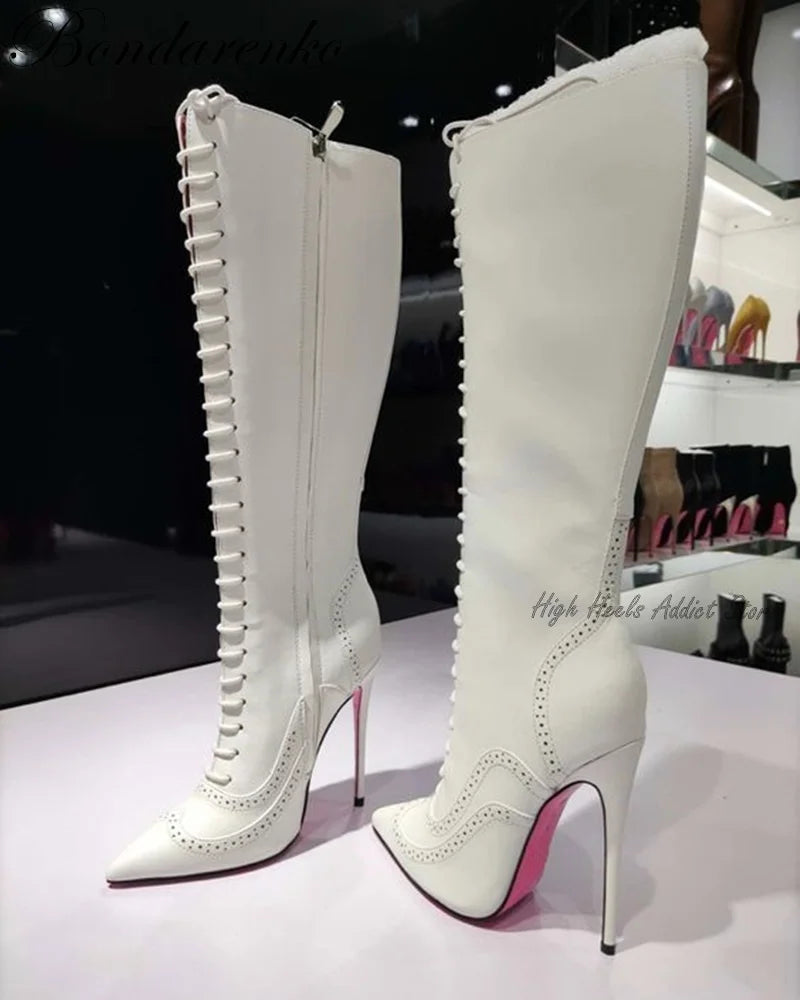 Pointed Toe Patent Leather Lace Up Knee High Boots for Women