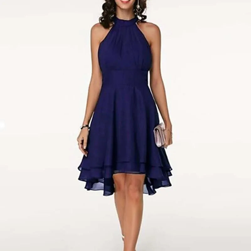 Elegant Sleeveless Halter Neck Chiffon Midi Dress for Women
