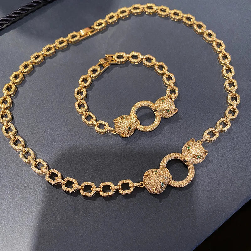 Leopard Zircon Earrings Necklace And Bracelet Set for Women