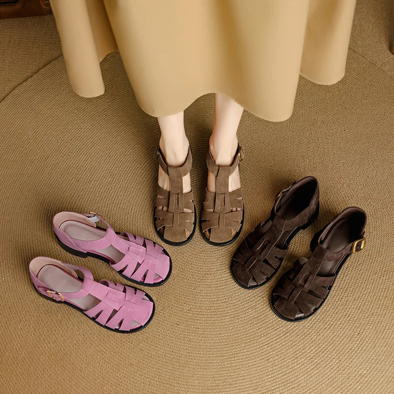 Retro Cowsuede Buckle Strap Closed Toe Sandals for Women