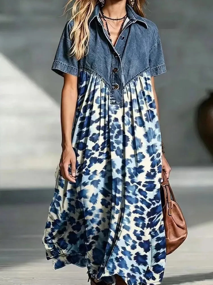Leopard Print Denim Panel Maxi Dress