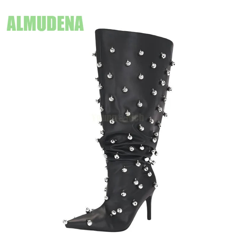 Minimalist Rivet Pointed Toe Mid Calf Stiletto Boots for Women