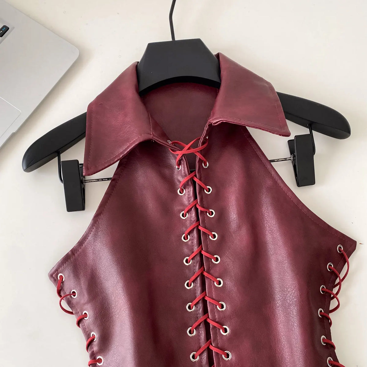 Retro Lace Up Faux Leather Sleeveless Bustier Top for Women