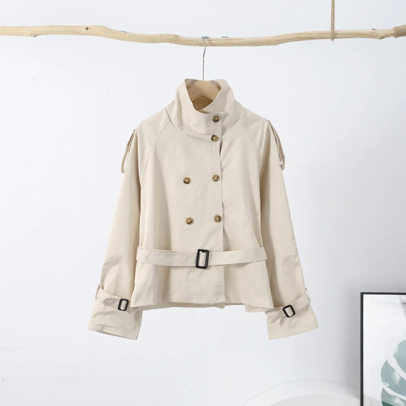 Chic Belt Women's Coat Elegant Stand Collar Full Sleeve Single Breasted  Female Jacket 2025 Autumn Fashion Commuter Windbreaker